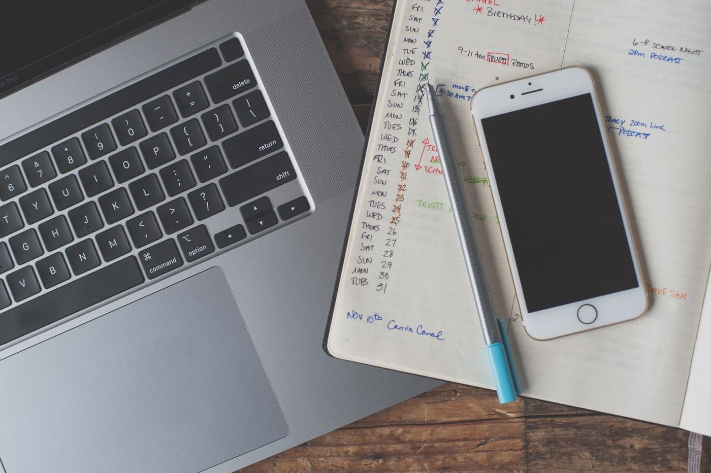 A laptop, a smartphone and a handwritten planner page on a wooden desk